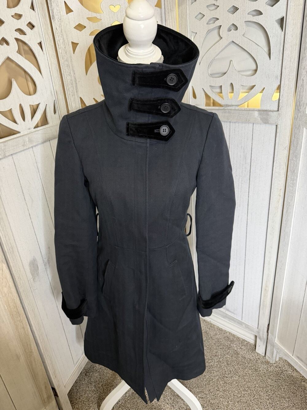 Gryphon New York Womens Fit Flare Coat Grey Black Velvet Long Sleeve Small
